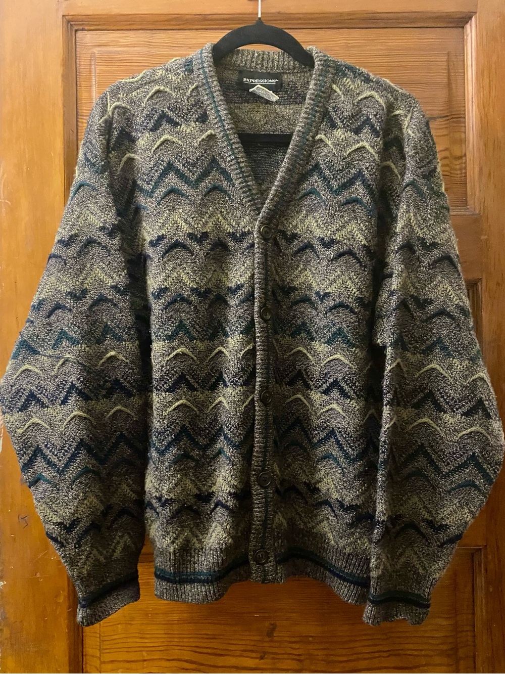 Vintage 1990s Expressions 3D Knit “Grandpa” Sweater Cardigan 90s